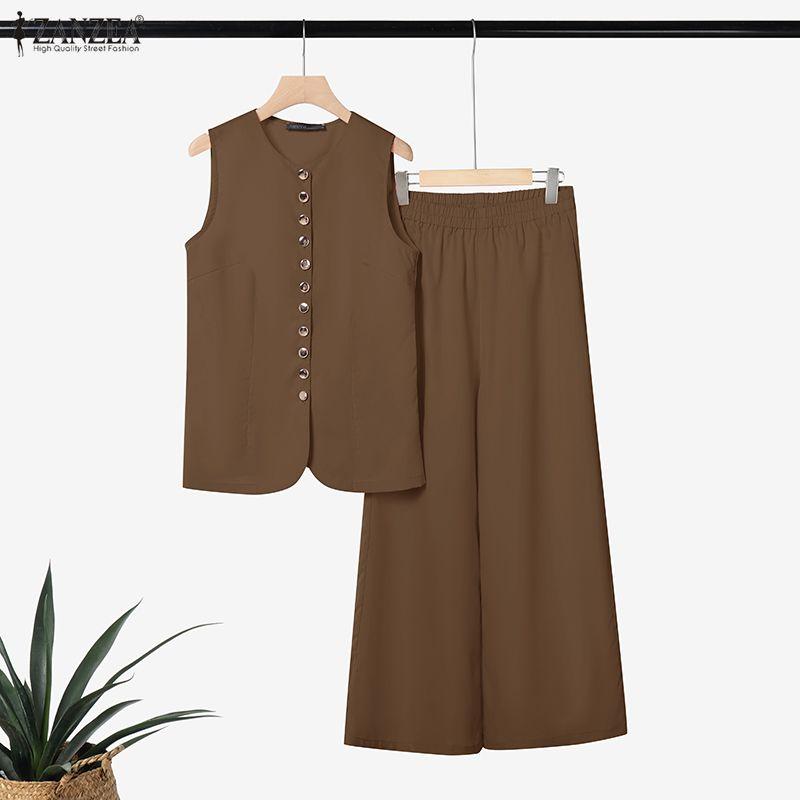 ZANZEA Lässiger Zweiteiler für Damen, ärmelloses Westentop und Hose mit weitem Bein