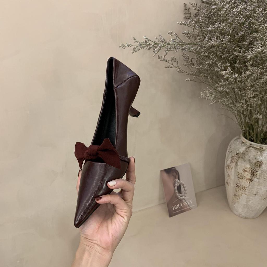 Commuter style burgundy pointed high heels women's 2025 spring and autumn new fashion bow thin heel light mouth single shoes