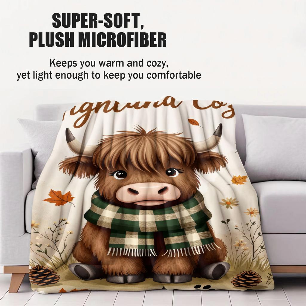 Hand-drawn Style Healing Highland Cow Print Fleece Blanket for Adult Quality Soft Warm Universal Blanket for Travel Office Home