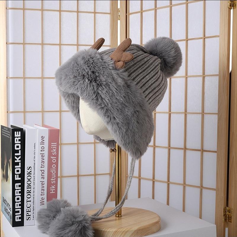 Winter Hat Female Cute Antlers Hairball Ear Protectors Plush Hat Christmas Thickened Northeast Lei Feng Hat Cycling Hat