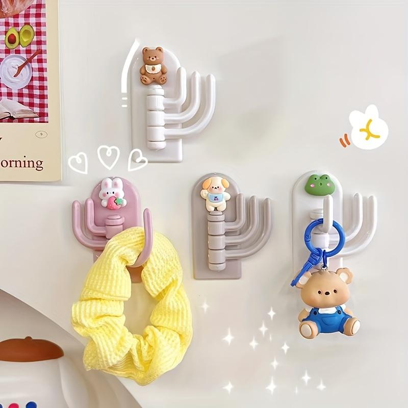4pcs Cute Animal Key Hooks Home Durable Plastic Cartoon Decor Starfish Designs Space-Saving Organizer Keys Hats Bags Hooks