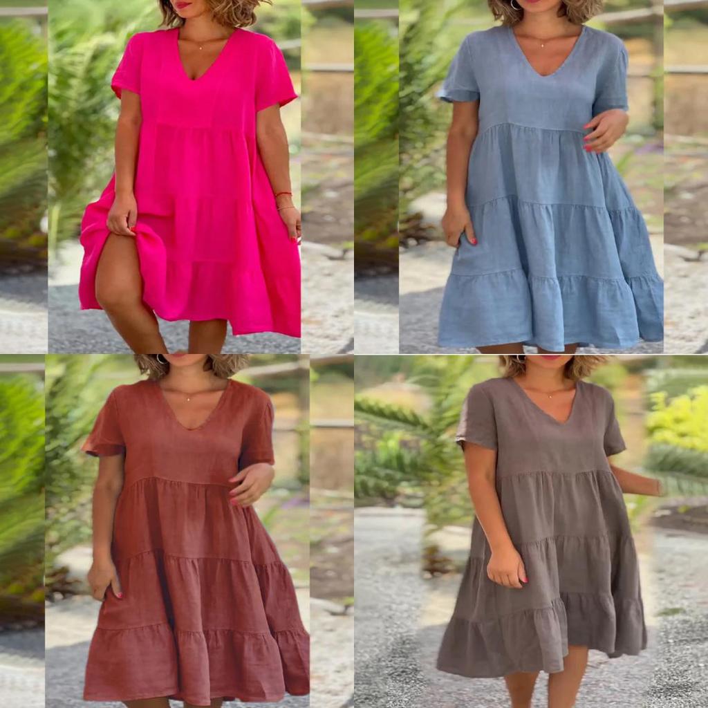 Summer Girl Dress With Vneck And Pleated Cotton Linen Fabric For Casual Wear