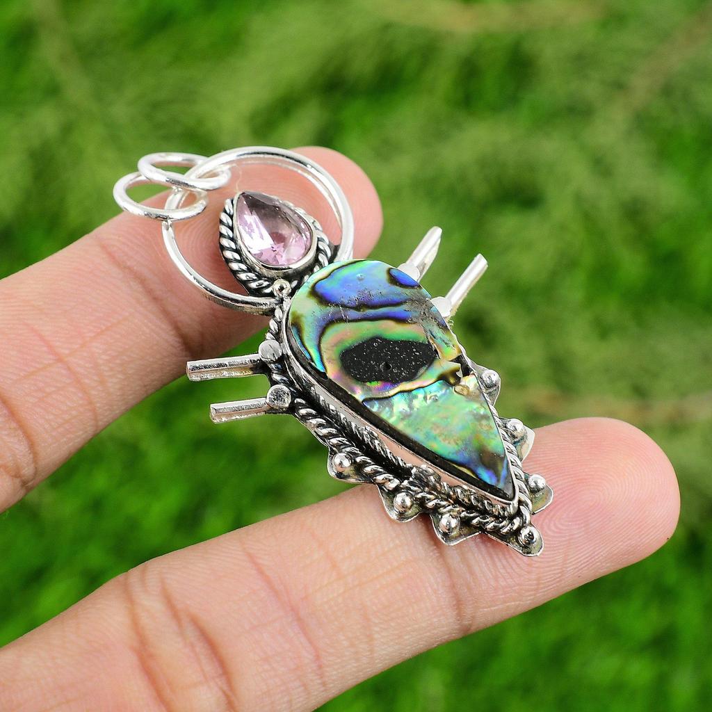 Natural Abalone Shell Gemstone Pendant Green 925 Sterling Silver Indian Jewelry