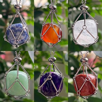Natural Crystal Bamboo Joint Necklace with Stainless Steel Mesh Bag Pendant