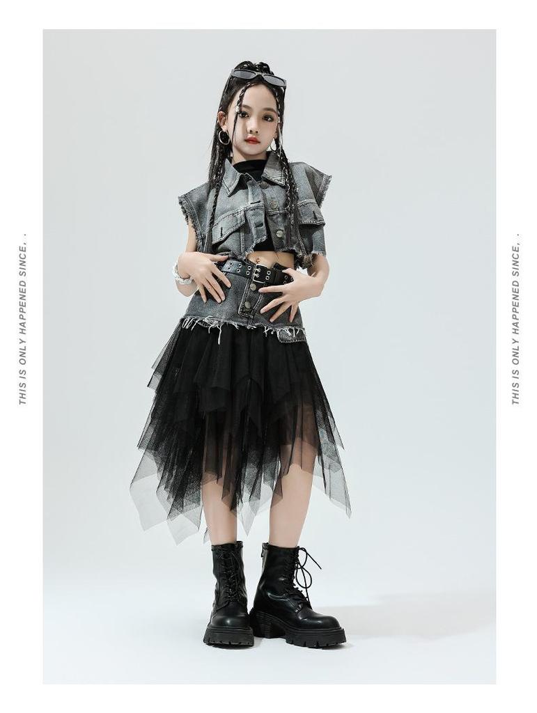 Mädchen Jazz Dance Hip Hop Denim Performance Outfit - Trendiges Kinder Laufsteg Set