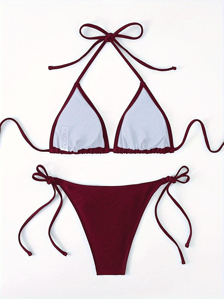 Women's Solid Color Triangle Bikini - Lace-up, High Elasticity, Quick-dry, Breathable, Removable Padding, Sexy Swimwear