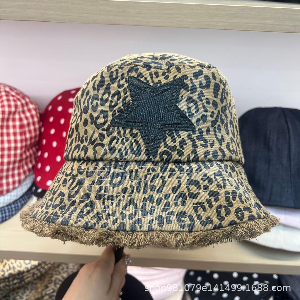 American cool leopard print forward hat women's retro big head circumference bucket hat showing small face soft brim cap new