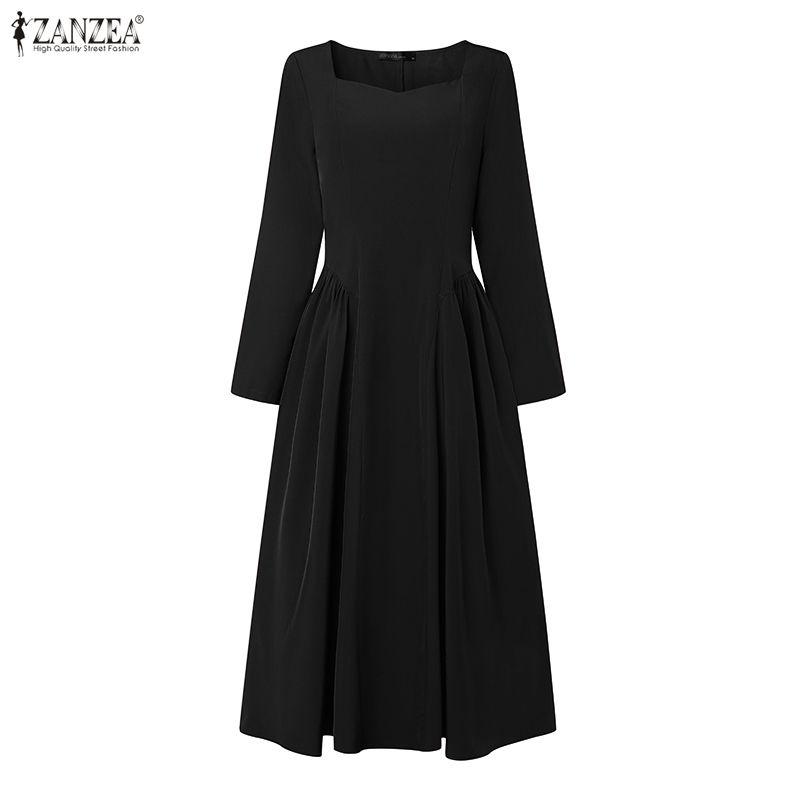 ZANZEA Dames Vierkante Hals Lange Mouwen Geplooide Hoge Taille Elegante Feest Midi Jurk
