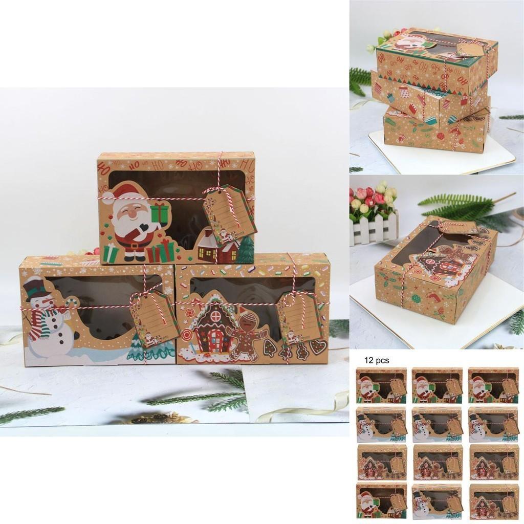 12pcs Kraft Paper Christmas Gift Candy Cookie Muffin Cake Boxes With Exquisite Printing And Decorative Tags