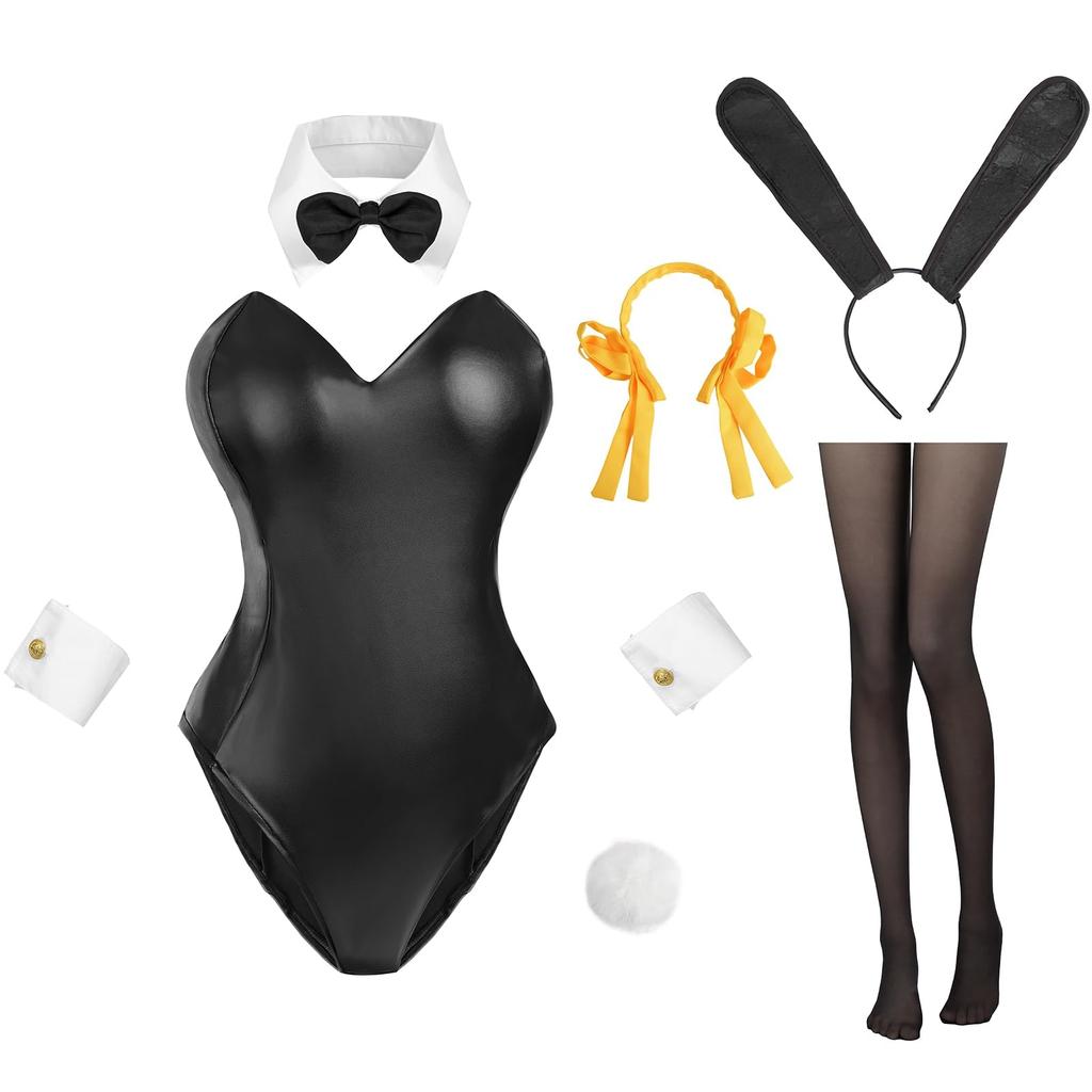 Bunny Girl Cosplay Haruhi Suzumiya Black White Synthetic Leather Bunny Costume High Leg Large Size Party Event Photoshoot Accessories Included