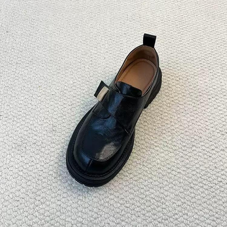 Sheepskin version~ thick-soled Velcro leather loafers women's British style thick heel deep mouth single shoes black jk small leather shoes