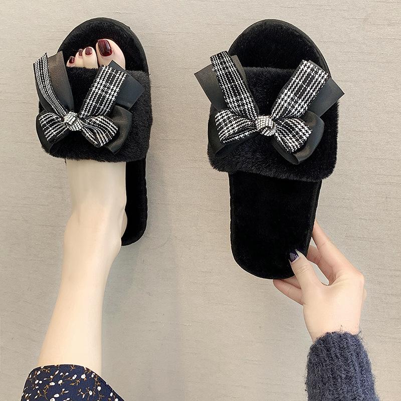 Mao Mao Cotton Slippers 2020 New Autumn and Winter One-word Bow Slippers Indoor and Outdoor Warm Fashion Flat Slippers
