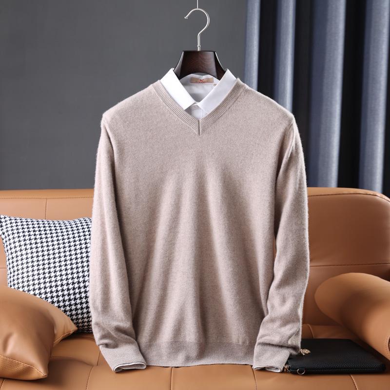 Men's Casual Autumn & Winter 100% Pure Wool V-Neck Loose Knit Sweater