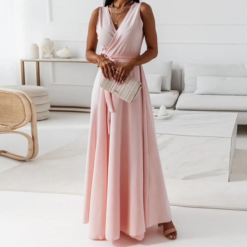 

2025 Летнее Вечернее Длинное Платье на Шнуровке Однотонное с V-образным Вырезом Extra Extra Large розовый