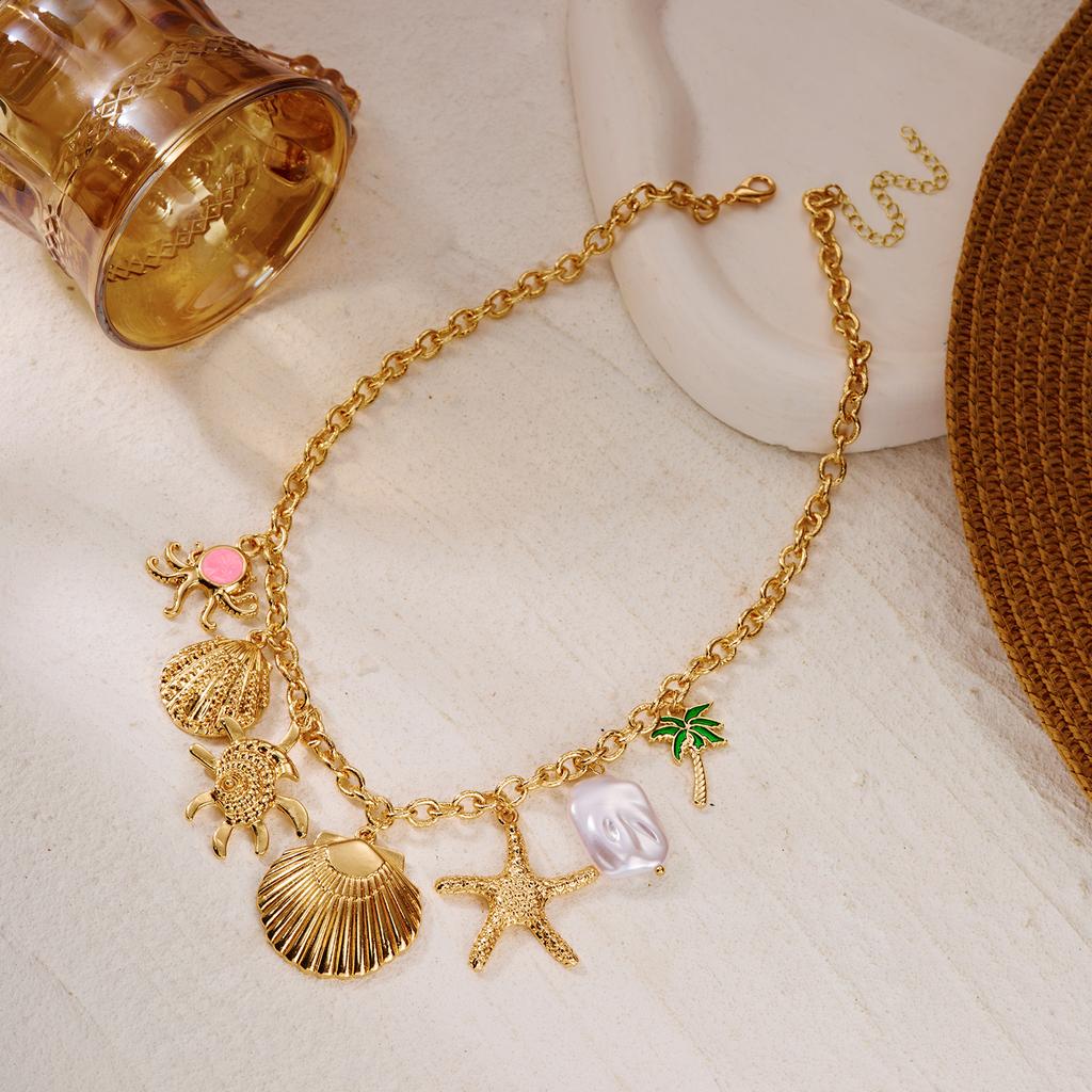 Ocean Series Gold Color Starfish Shell Conch Pendant Necklace for Women Coconut Tree Pearl Metal Choker Beach Party Jewelry Gift