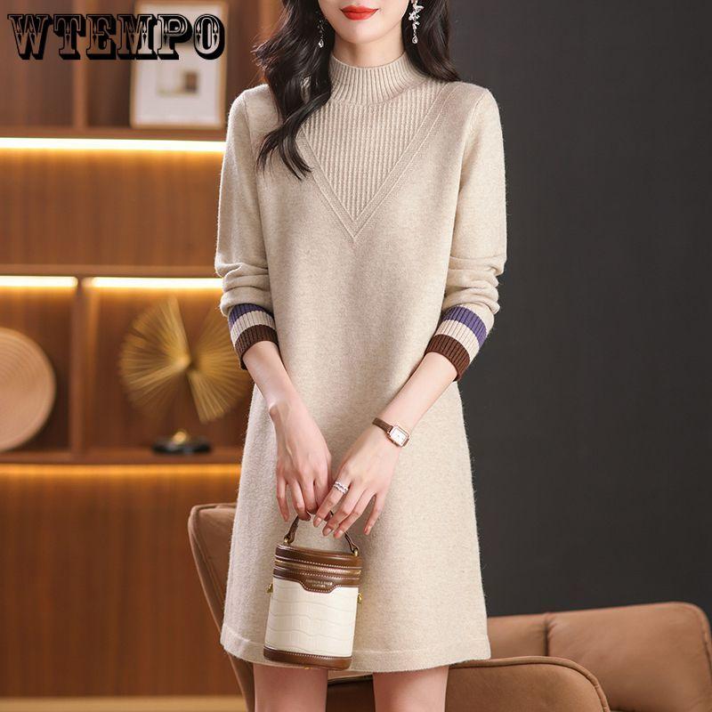 

Вязаный свитер средней длины Женская мода Однотонный Свободный Свитер большого размера Осень и Зима Повседневный Пуловер с полувысоким воротником XL бежевый