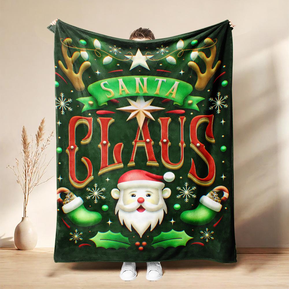 Christmas Flannel Blanket Santa Claus Puppy Soft Milu Deer, Warm Throw Blanket Winter New Year Gift For Kids, Couch Sofa Decor