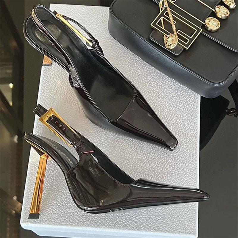 2025 new pointed head temperament high heels female royal sister style patent leather sexy gold fine heel high sense bag head single shoes
