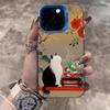 Elegant Chinese Garden Cat Ink Case For iPhone 17 Air 16 E 15 14 13 12 11 Pro Max 8 Plus X IMD Colored Silver Camera Frame Cover
