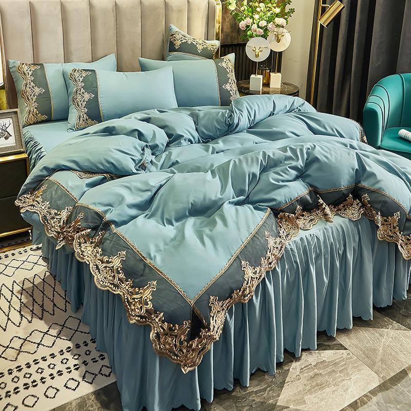 

Юбка-кровать с кружевным краем в европейском стиле, комплект из четырех предметов, сетчатая красная вставка, утолщенная, отшлифованная, высококачественная пододеяльник, юбка-кровать 200x220cm