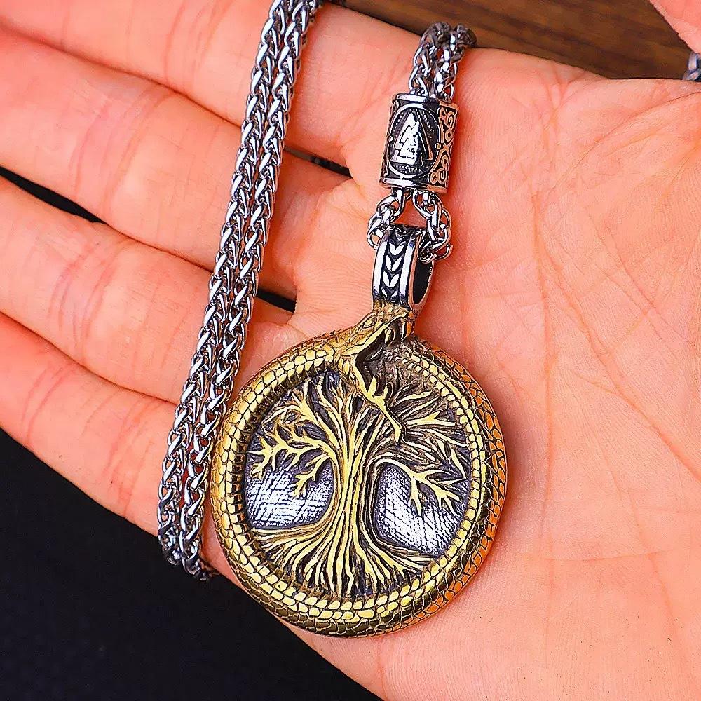 Literary Retro Ethnic Wind Snake Entanglement Viking Tree of Life Round Pendant European Popular Street Men's Sweater Chain 2026