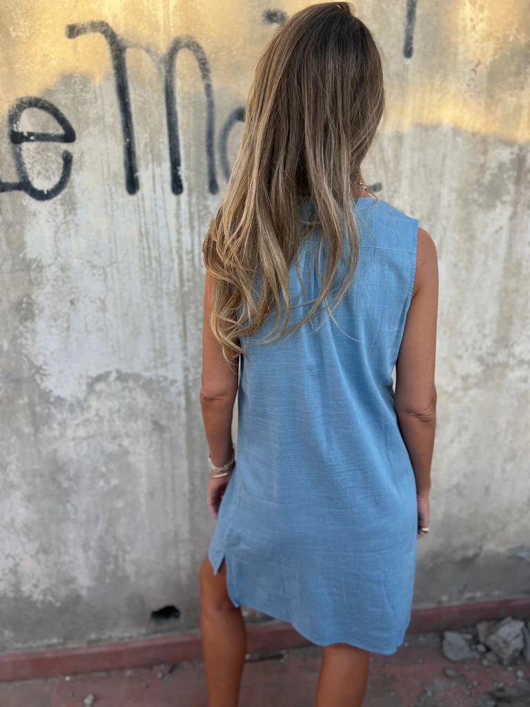 Abiti Casual in Cotone e Lino da Donna Estivi Senza Maniche Tasca a Bottone Scollo a V Profondo Mini Abiti da Festa per Donna Blu