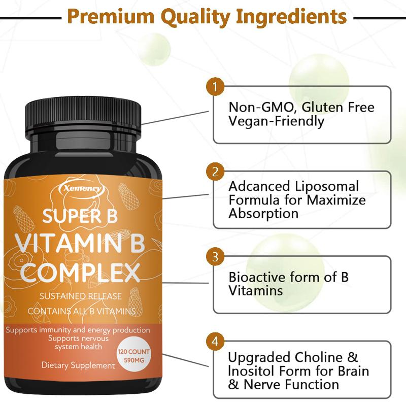 Le capsule di complesso vitaminico B supportano la salute del sistema nervoso e immunitario e promuovono il metabolismo.