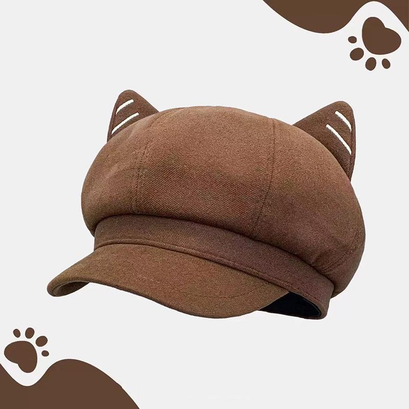 Japanese Style Cute Woolen Cat Ear Beret For Women Autumn And Winter Duckbill Octagonal Hat