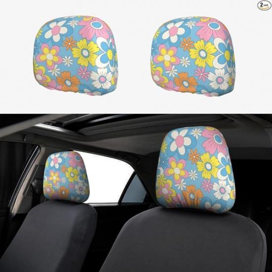 Flowers Cute Car Head Rest Covers 2 Piece Elastic Car Seat- Retro Flowers