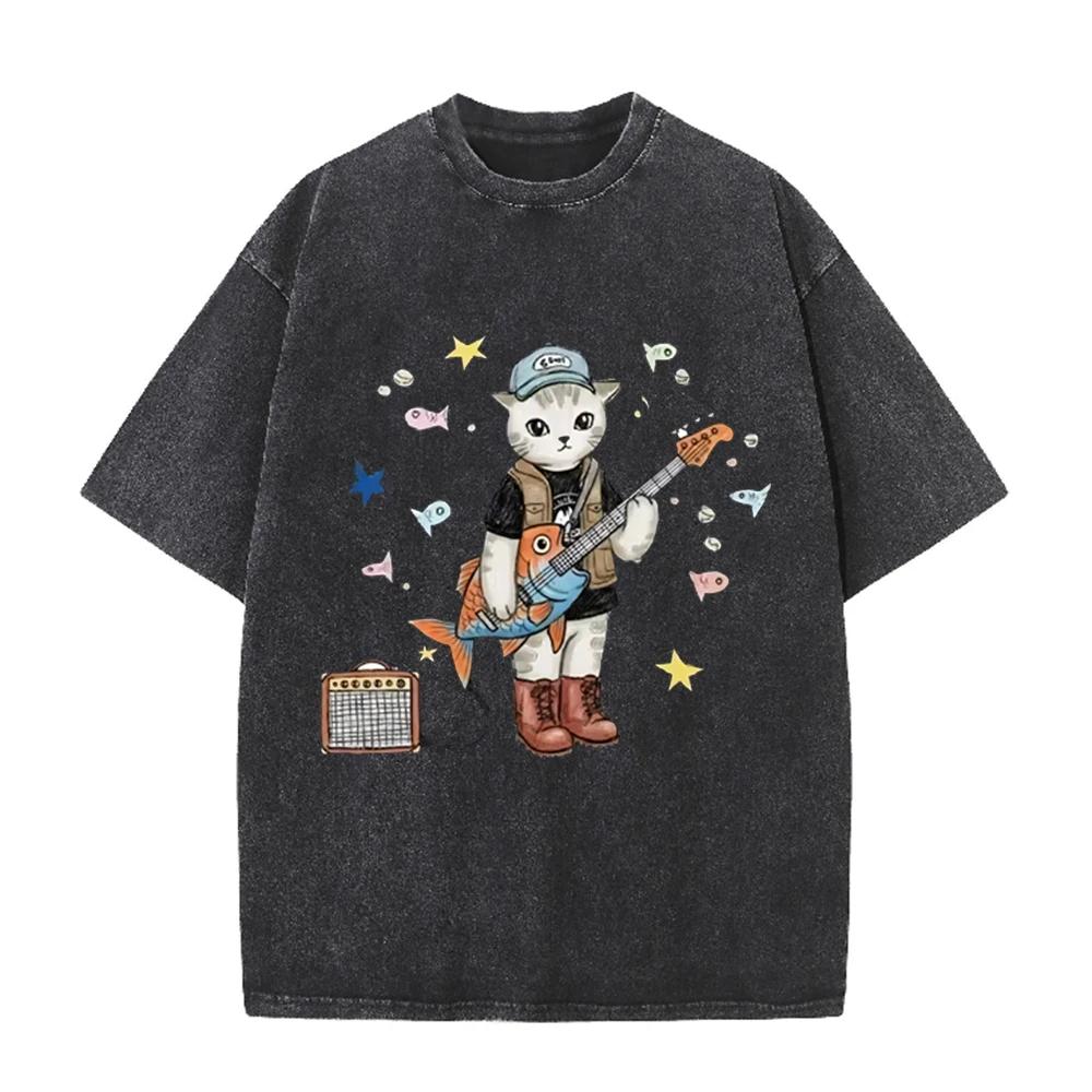 2026 Vintage Cartoon Cat With Fish Electric Guitar Amplifier Graphic Black Acid Washed T Shirt Cute Music Animal Oversized Unise