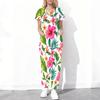 Women Plus Size Blue White Floral Printed Cutout Neck Short Sleeve Scrub Top With Pockets And Long Pants Set