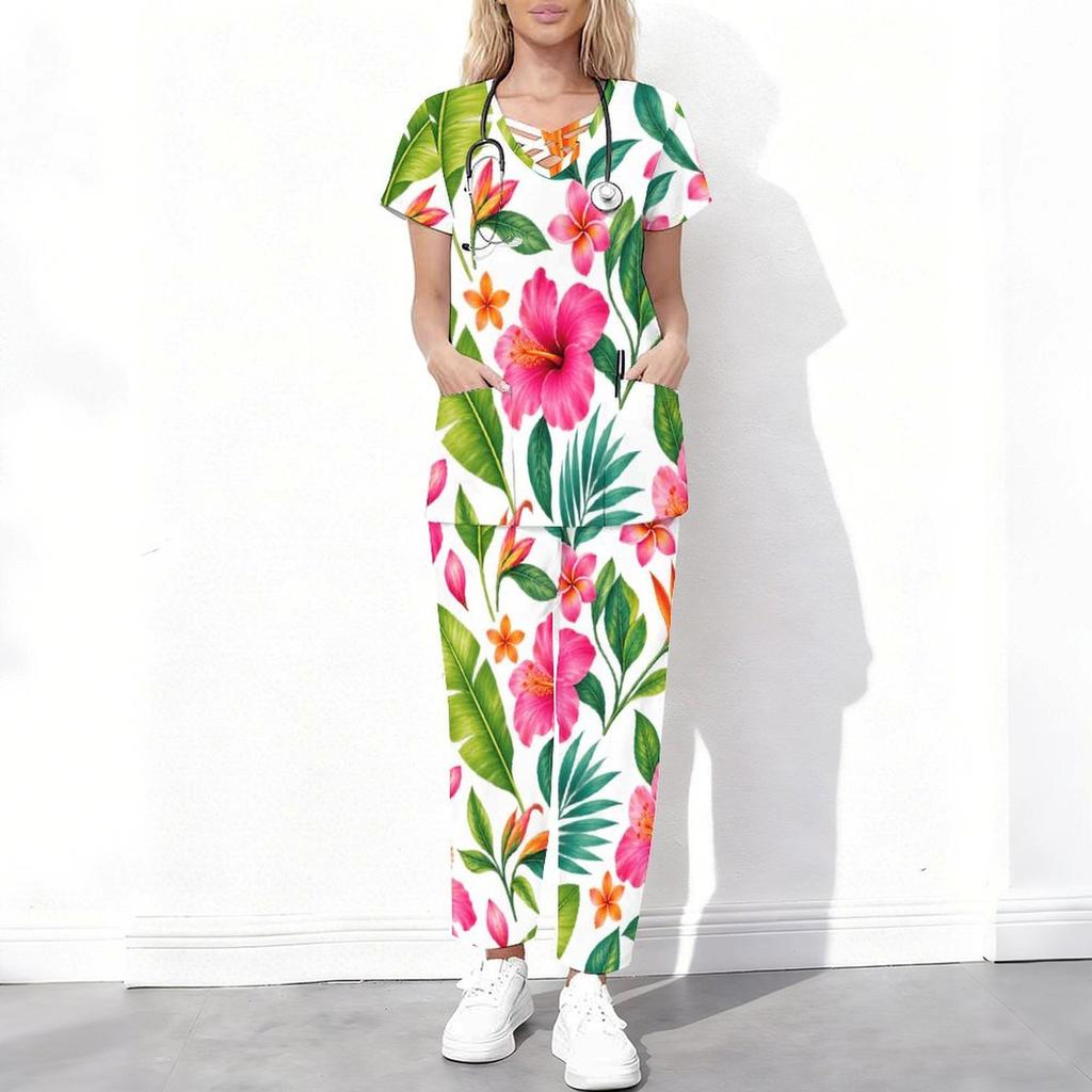 Women Plus Size Blue White Floral Printed Cutout Neck Short Sleeve Scrub Top With Pockets And Long Pants Set