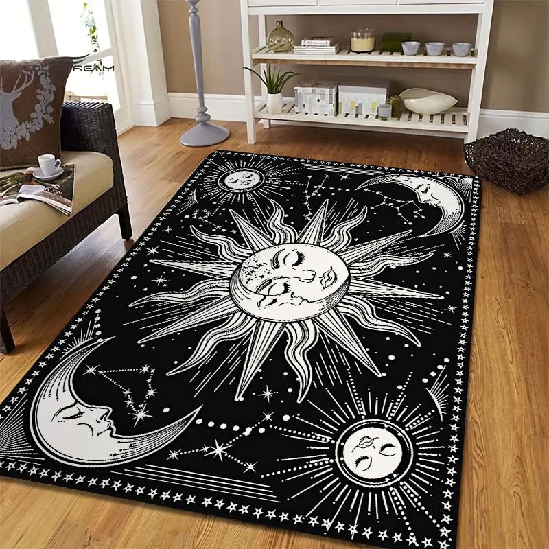 Black Mysterious Sun and Moon and Star Print Area Rugs Home Living Room Bedroom Large Carpet Non-slip Machine Washable Floor Mat