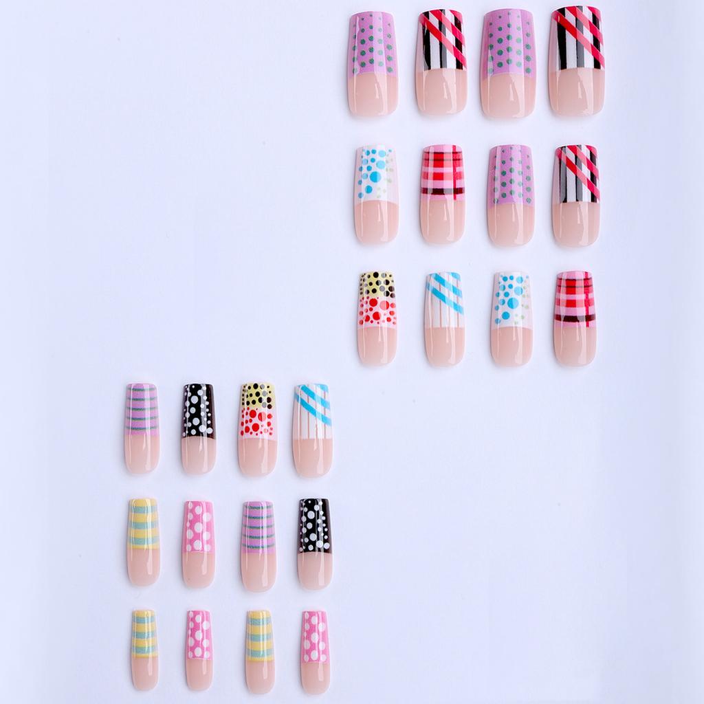 Polka Dot Lines Pink Square False Nails 24 Pieces Fashionable Design For DIY Manicure