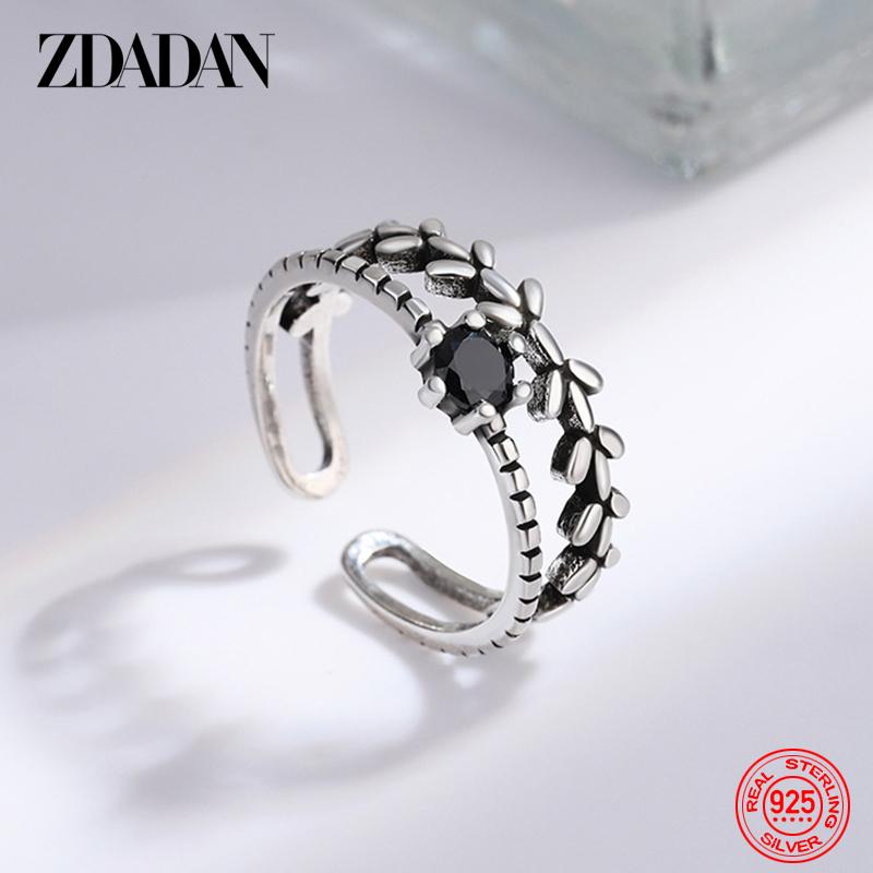 925 Sterling Silver Double Layer Leaf Obsidian Rings for Women Fashion Jewelry