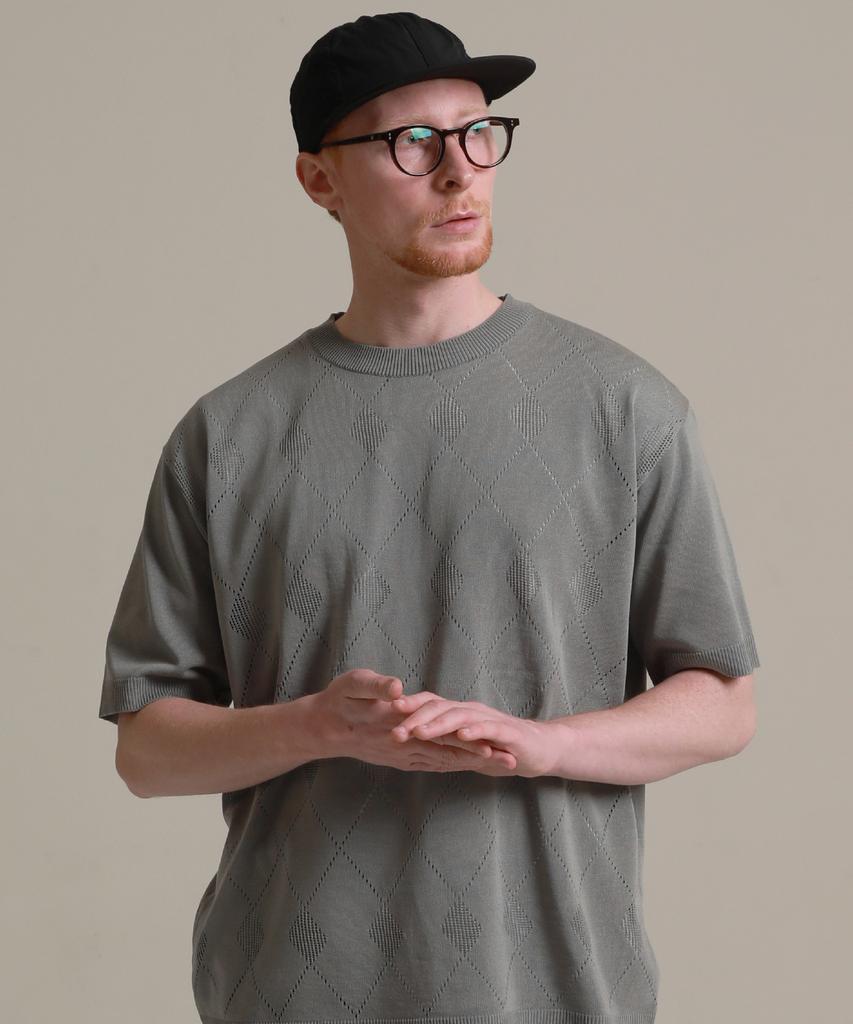 STAGE NAME Cool Soft Diamond Punching Knit Short Sleeve Tee_Gray