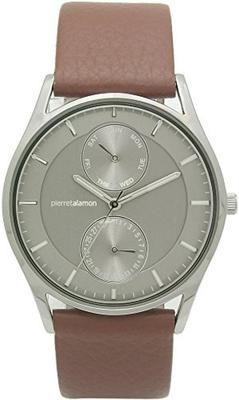 Pierretalamon PT-5500H-3 Men's Watch with Leather Band, Multi-Function, Small Seconds, Gray and Brown