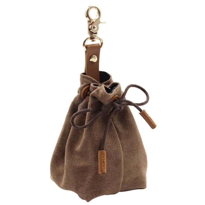 In Stock Canvas Dog Food Bag with Keychain & Drawstring, Waist Hanging Pet Treat Bag for Outdoor Use