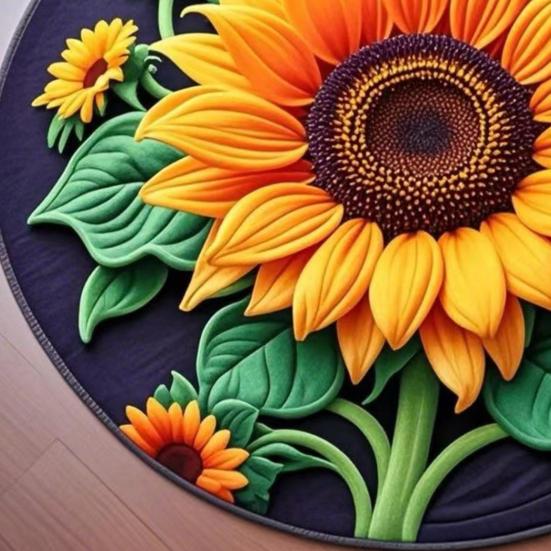 Yousheng 3D Sunflower Floor Mat Non-Slip Absorbent Bathroom Rug Quick-Dry Round Floral Area Rug for Farmhouse Bedroom Entryway Living Room