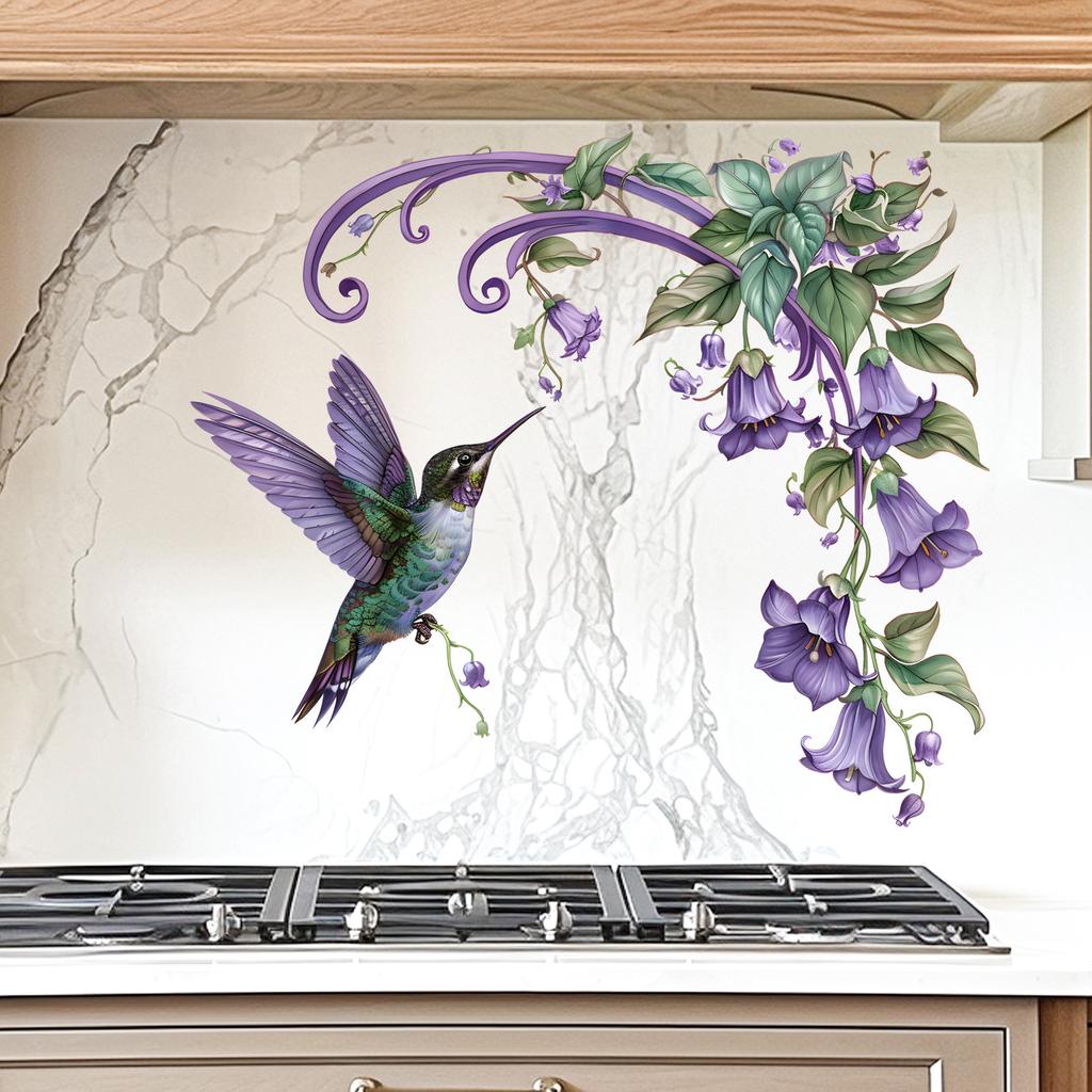 Creative Plant Flower Purple Hummingbird Wall Sticker Bedroom Headboard Living Room Sofa Background Wall Art