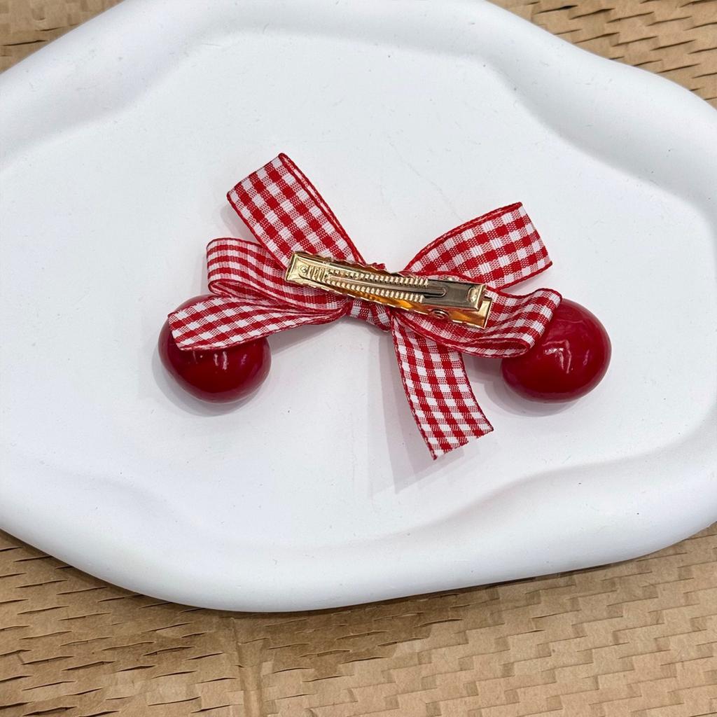 Pack of 2 Checked Bows Cherry Hair Clip with Metal Teeh Grip NonSlip Lovely Barrettes for Girls Women Everyday Wear