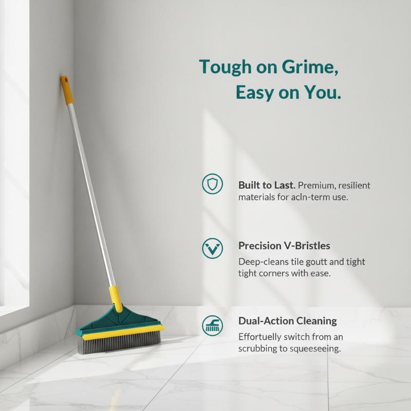 V Shaped Crevice Floor Scrub Brush With Stiff Bristles And Water Squeegee For Bathroom Kitchen Deep Cleaning