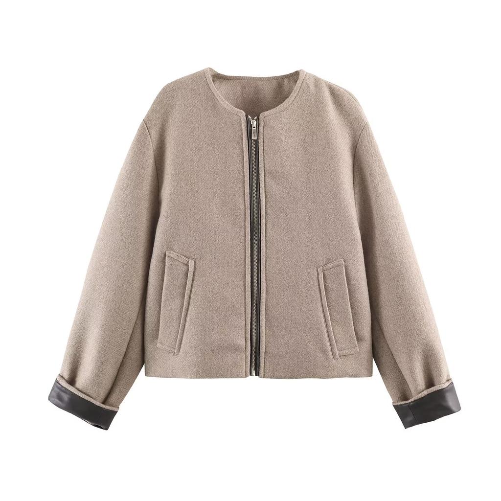 Foreign trade autumn and winter new women's clothing European and American style fashion simple leather effect decoration layer long sleeve woolen ja