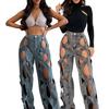 HR23112 Women's Stretchy Denim Cable Knit Hollow-Out Wide Leg Jeans