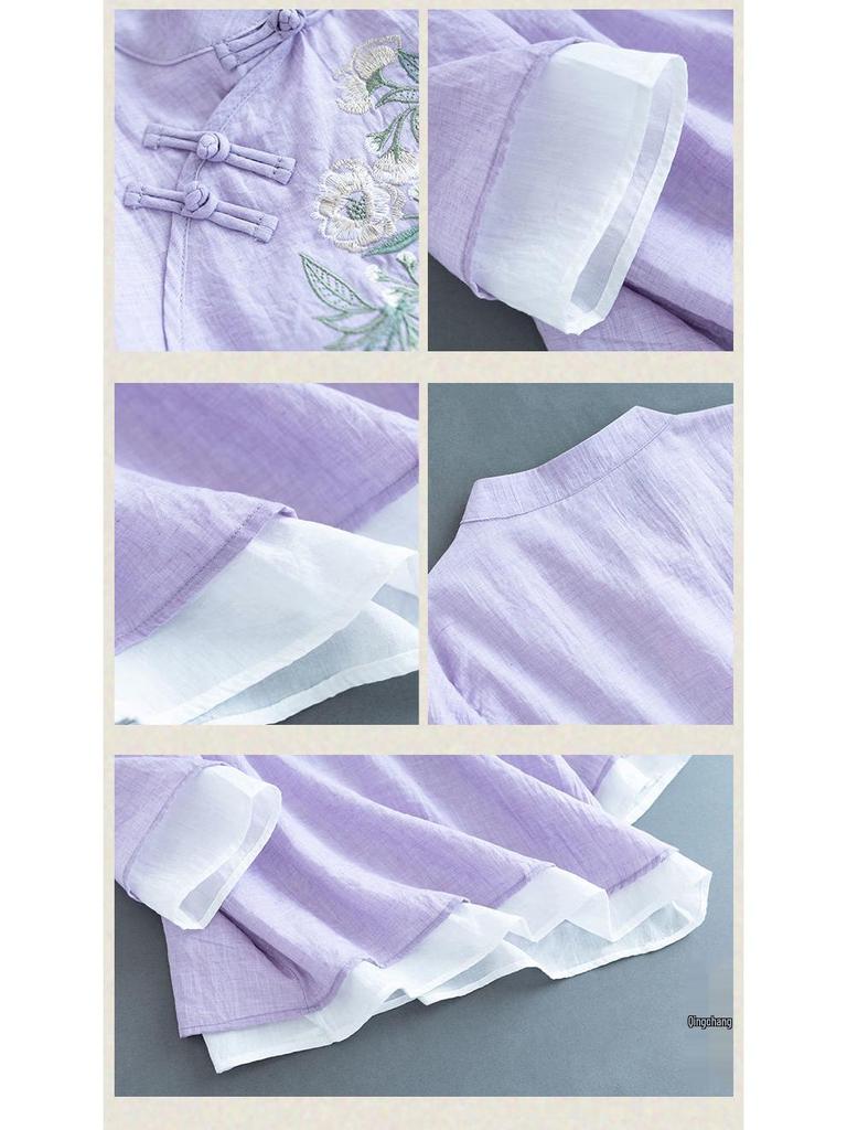 T-shirt en coton lin à col V brodé rétro pour femme: Décontracté, Style Littéraire pour Collection Printemps-Été-Automne 2024