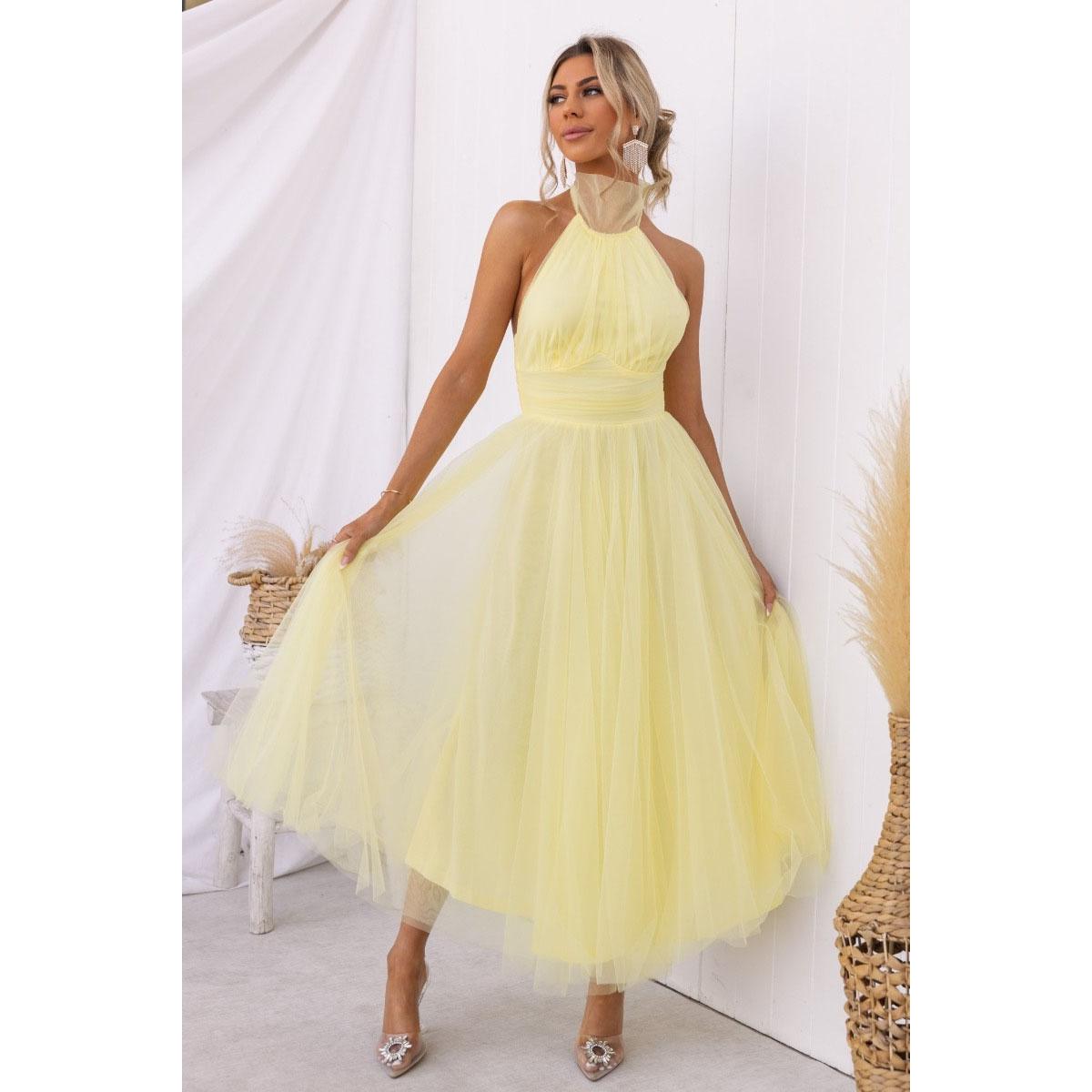 

Женское вечернее платье без рукавов с многослойным воротником, открытой спиной, халтер-воротом, шнуровкой, высоким открытым плечом, сетчатым подолом S жёлтый