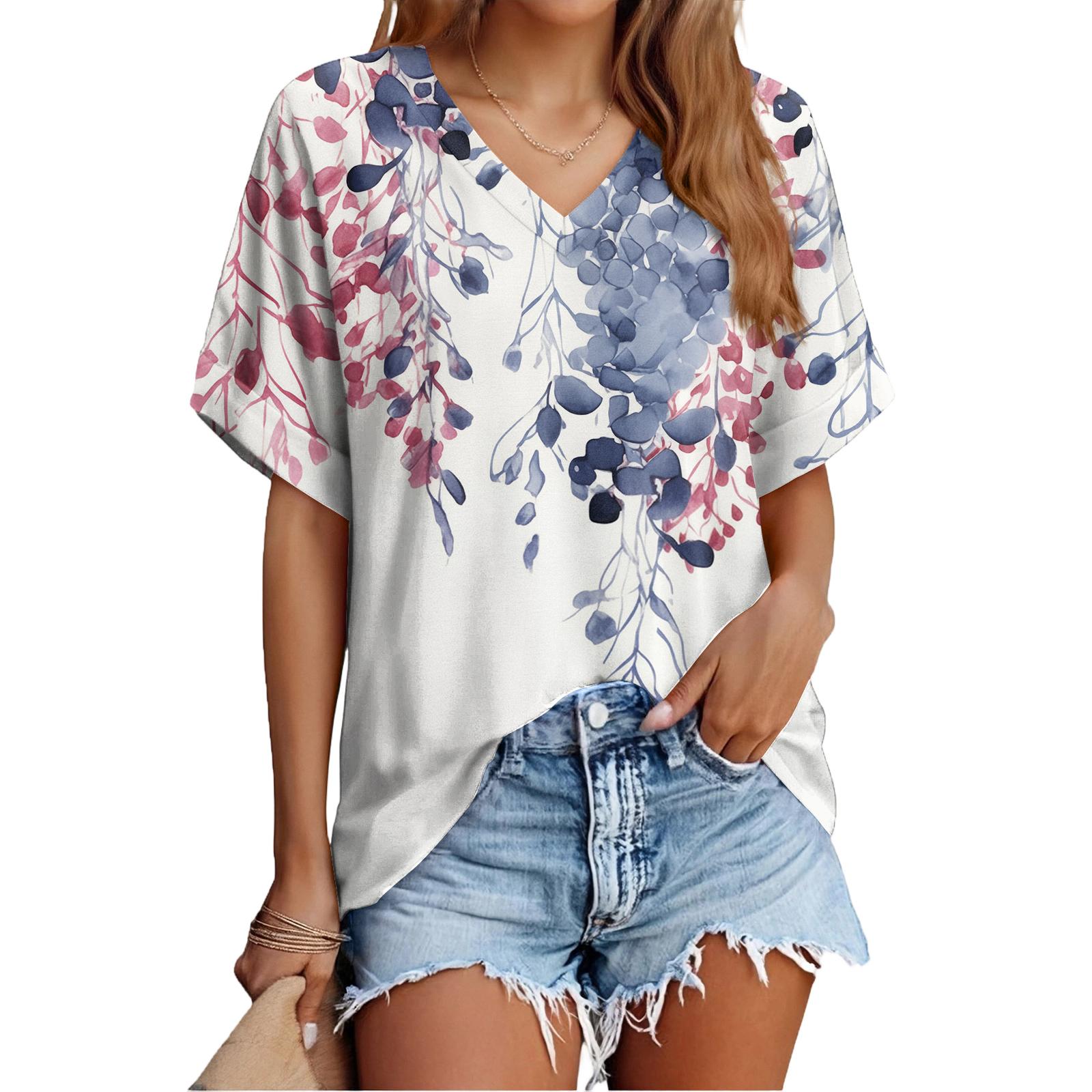 

Women s Fashionable Casual Everyday Versatile Floral Print Slim-Fit Summer Short-Sleeve Top L