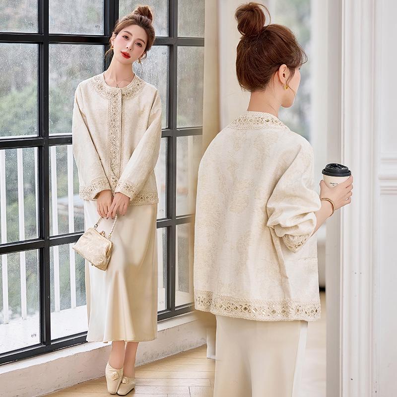 

Женская куртка с вышивкой, жаккардовым кружевом, круглым вырезом, весна/осень 2025, YL717 - Новый китайский стиль XL 130-140 jin абрикосовый