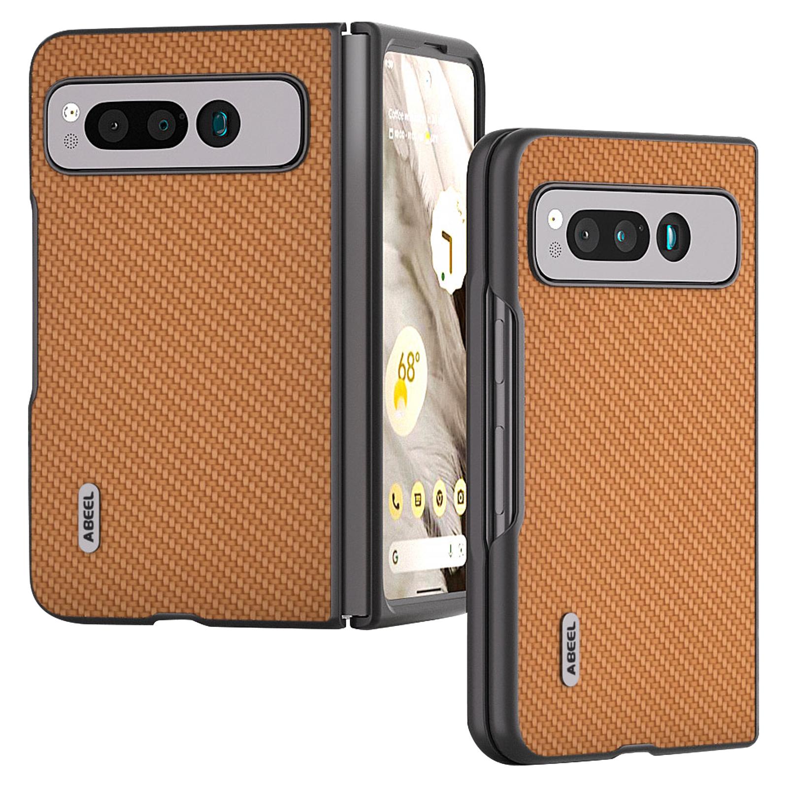 

ABEEL For Google Pixel Fold PU Leather+Hard PC Phone Case Carbon Fiber Texture Folding Shockproof Cover Light Brown