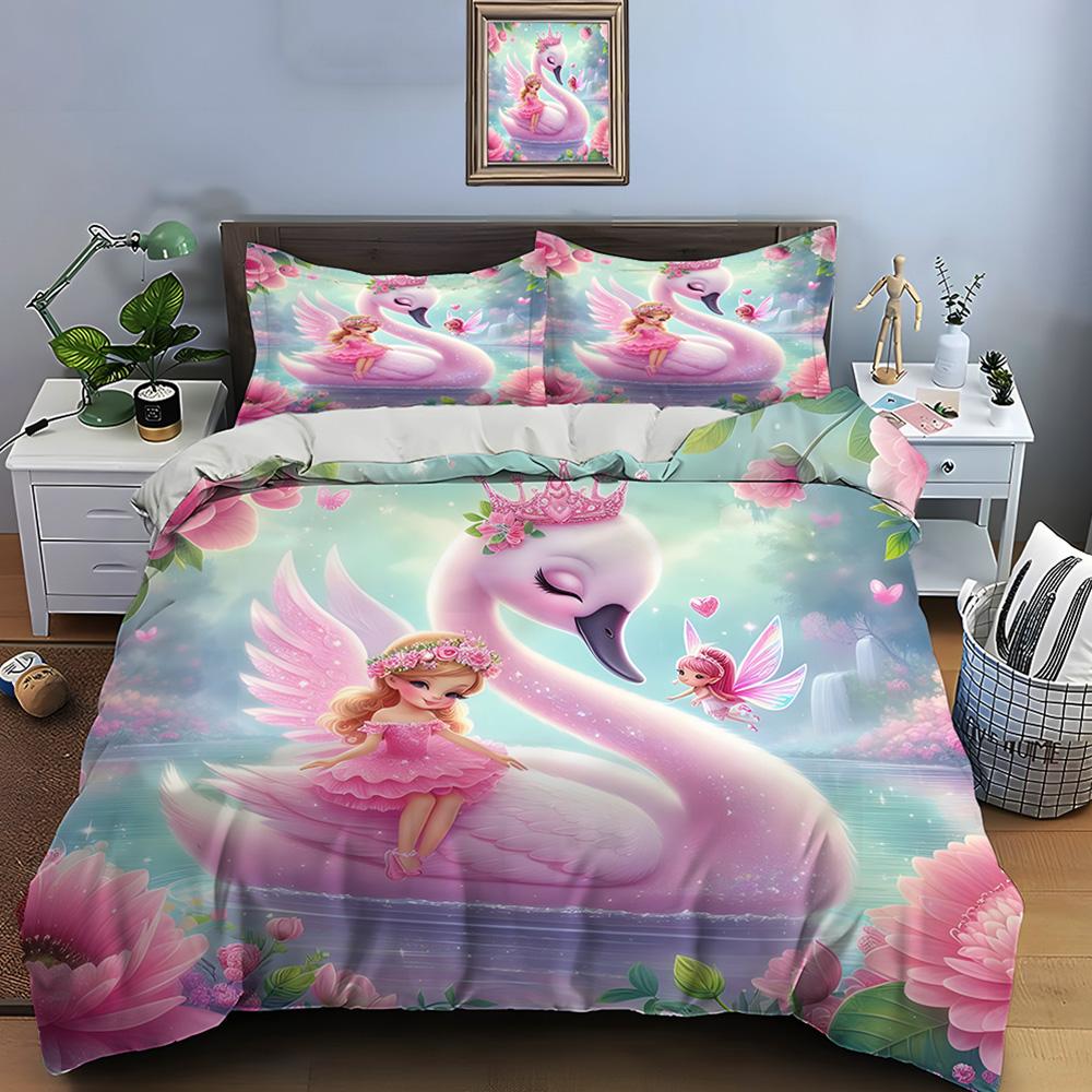 Set Biancheria da Letto con Stampa Cigno Onirico e Ragazza di Fiaba 1 Copripiumino 2 Federe per Adulti e Bambini Regalo di Lusso Misura Matrimoniale